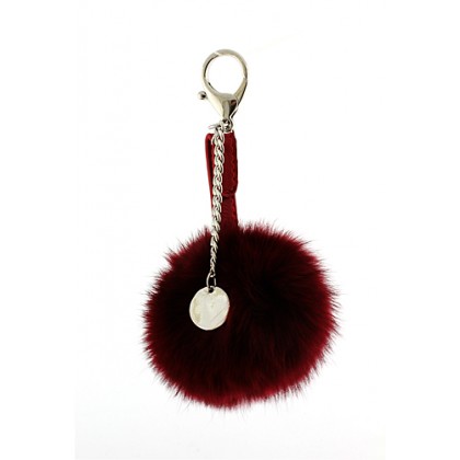 Key Chain - 12 PCS - Rabbit Fur Pom Pom w/ metal disc - Burgundy - KC-YQ003BG